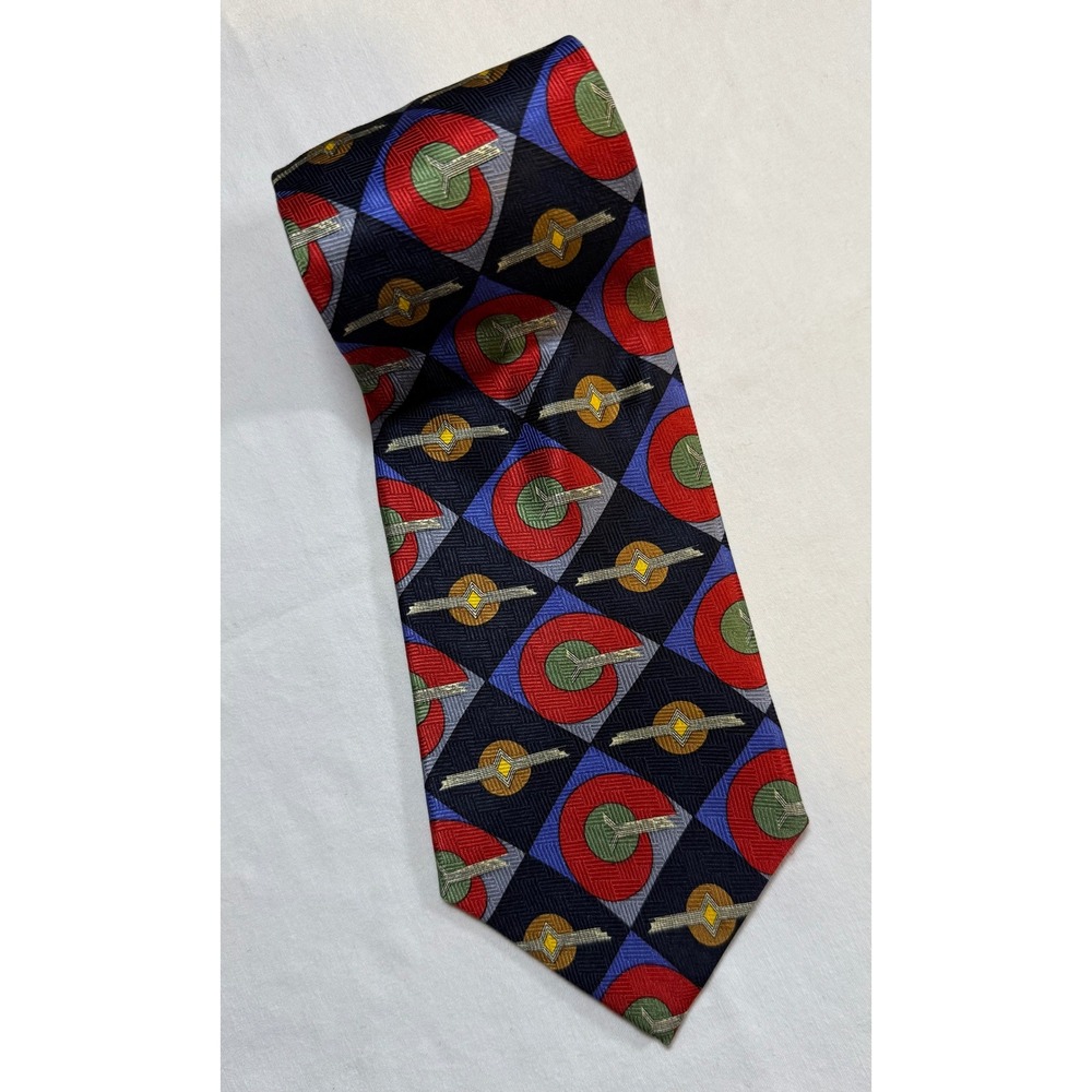 Chez Roffe New York Mens Silk Tie Navy Blue Red Geometric Abstract Pattern